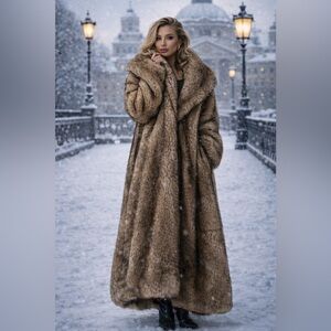 Vintage Style Luxury Faux Fur longline Coat Chocolate Brown tan